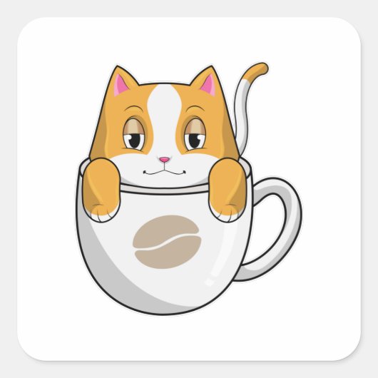 コーヒーカップ付き猫 スクエアシール (正面)