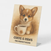 コーヒーカップ水彩イラストレーションで子犬 台座サイン (正面)