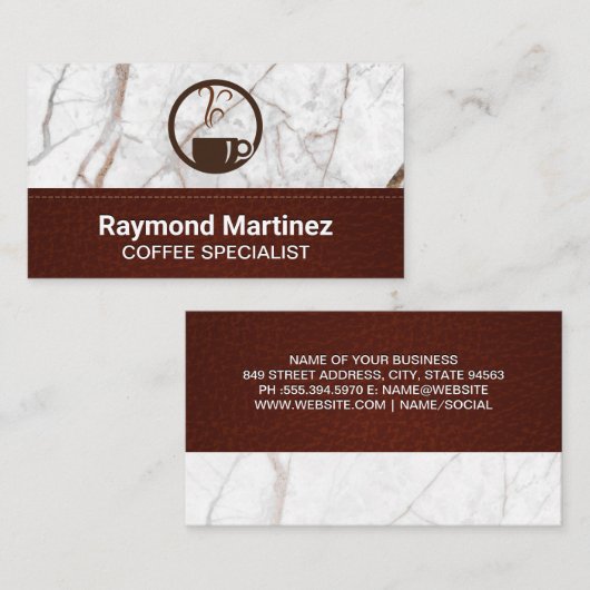 コーヒーカップ蒸熱 |大理石とステッチされたレザー 名刺 (正面/裏面)