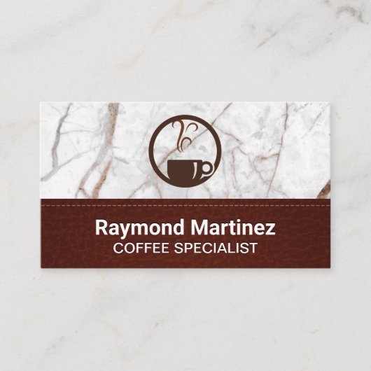 コーヒーカップ蒸熱 |大理石とステッチされたレザー 名刺 (正面)