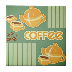 コーヒーカップ、コーヒーポットおよびコーヒー豆 タイル