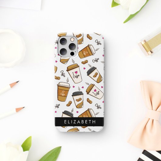 コーヒーカップ、コーヒー豆、コーヒー好き、あなたの名前 iPhone 16ケース