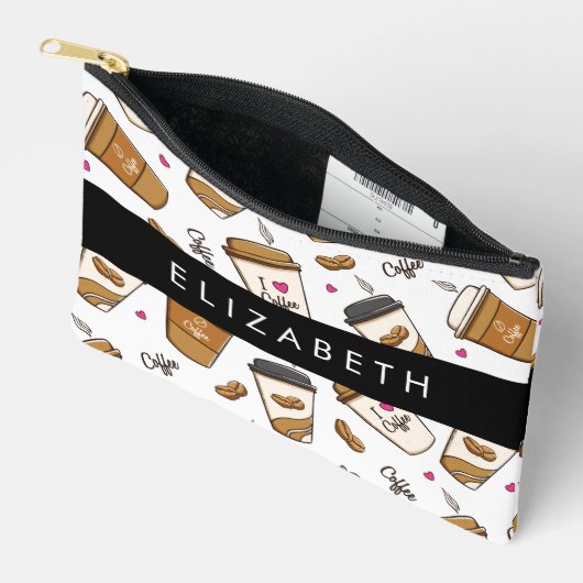 コーヒーカップ、コーヒー豆、コーヒー愛好家、あなたの名前 アクセサリーポーチ (見開き)