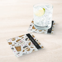 コーヒーカップ、コーヒー豆、コーヒー愛好家、あなたの名前 ガラスコースター