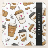 コーヒーカップ、コーヒー豆、コーヒー愛好家、あなたの名前 ガラスコースター (正面)