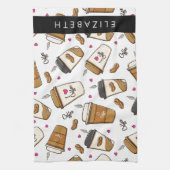 コーヒーカップ、コーヒー豆、コーヒー愛好家、あなたの名前 キッチンタオル (縦)