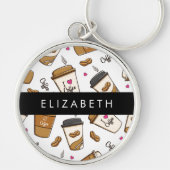 コーヒーカップ、コーヒー豆、コーヒー愛好家、あなたの名前 キーホルダー (正面)