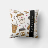 コーヒーカップ、コーヒー豆、コーヒー愛好家、あなたの名前 クッション (裏面)