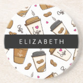 コーヒーカップ、コーヒー豆、コーヒー愛好家、あなたの名前 コースター (正面)