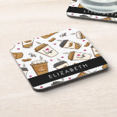 コーヒーカップ、コーヒー豆、コーヒー愛好家、あなたの名前 コースター (左側)