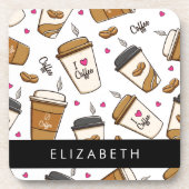 コーヒーカップ、コーヒー豆、コーヒー愛好家、あなたの名前 コースター (正面)