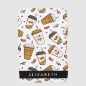 コーヒーカップ、コーヒー豆、コーヒー愛好家、あなたの名前 ゴルフタオル (正面)