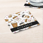 コーヒーカップ、コーヒー豆、コーヒー愛好家、あなたの名前 スクエアペーパーコースター (アングル)