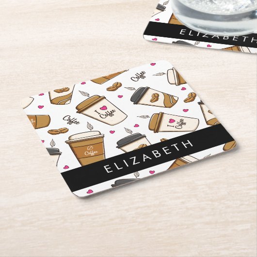コーヒーカップ、コーヒー豆、コーヒー愛好家、あなたの名前 スクエアペーパーコースター (アングル)
