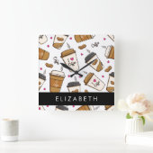 コーヒーカップ、コーヒー豆、コーヒー愛好家、あなたの名前 スクエア壁時計 (ホーム)