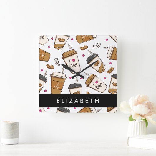 コーヒーカップ、コーヒー豆、コーヒー愛好家、あなたの名前 スクエア壁時計 (ホーム)