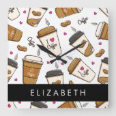 コーヒーカップ、コーヒー豆、コーヒー愛好家、あなたの名前 スクエア壁時計 (正面)