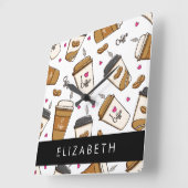 コーヒーカップ、コーヒー豆、コーヒー愛好家、あなたの名前 スクエア壁時計 (傾斜)