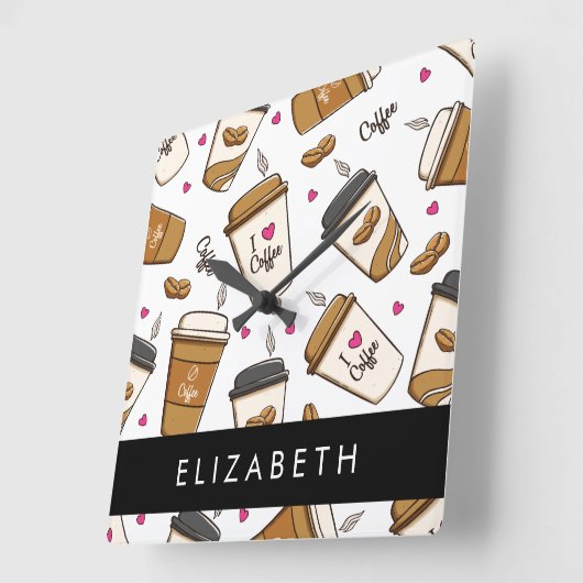 コーヒーカップ、コーヒー豆、コーヒー愛好家、あなたの名前 スクエア壁時計 (傾斜)