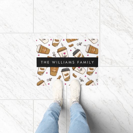 コーヒーカップ、コーヒー豆、コーヒー愛好家、あなたの名前 ドアマット (室内)