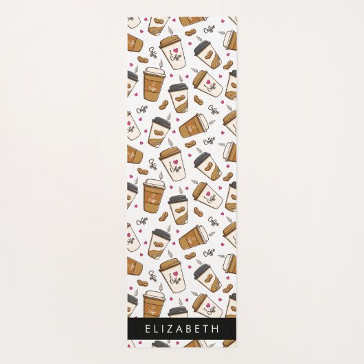 コーヒーカップ、コーヒー豆、コーヒー愛好家、あなたの名前 ヨガマット (裏面)