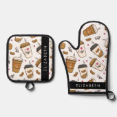 コーヒーカップ、コーヒー豆、コーヒー愛好家、あなたの名前 鍋つかみ&鍋敷きセット (正面)