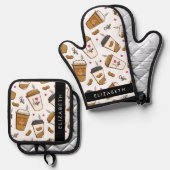 コーヒーカップ、コーヒー豆、コーヒー愛好家、あなたの名前 鍋つかみ&鍋敷きセット (正面/裏面)