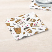 コーヒーカップ、コーヒー豆、コーヒー愛好家、ハート スクエアペーパーコースター (アングル)