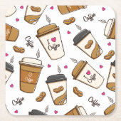 コーヒーカップ、コーヒー豆、コーヒー愛好家、ハート スクエアペーパーコースター (正面)