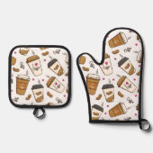 コーヒーカップ、コーヒー豆、コーヒー愛好家、ハート 鍋つかみ&鍋敷きセット (正面)