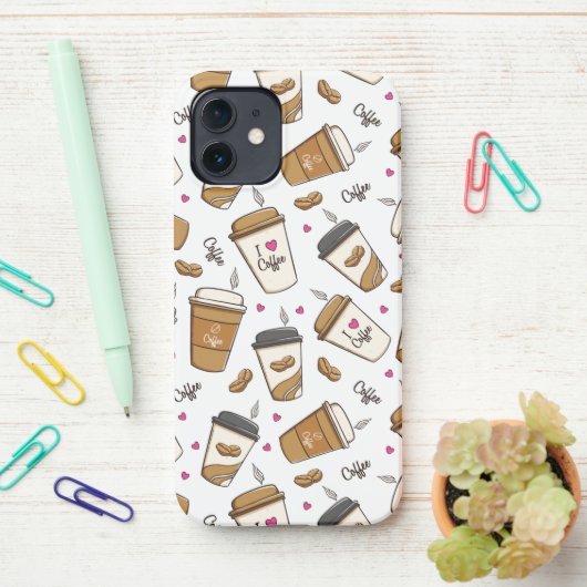 コーヒーカップ、コーヒー豆、コーヒー愛好家、ハート iPhoneケース (デスク上)