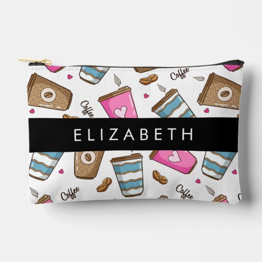 コーヒーカップ、コーヒー豆、ハート、あなたの名前 アクセサリーポーチ (正面)