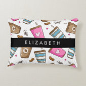 コーヒーカップ、コーヒー豆、ハート、あなたの名前 アクセントクッション (裏面)
