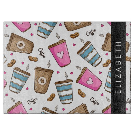 コーヒーカップ、コーヒー豆、ハート、あなたの名前 カッティングボード (正面)