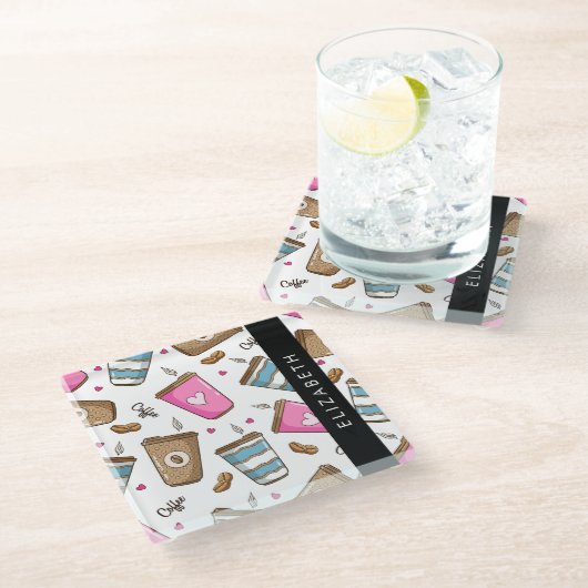 コーヒーカップ、コーヒー豆、ハート、あなたの名前 ガラスコースター (アングル)