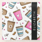 コーヒーカップ、コーヒー豆、ハート、あなたの名前 ガラスコースター (正面)