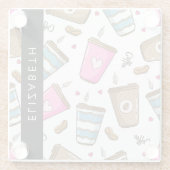 コーヒーカップ、コーヒー豆、ハート、あなたの名前 ガラスコースター (裏面)