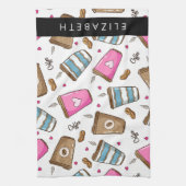 コーヒーカップ、コーヒー豆、ハート、あなたの名前 キッチンタオル (縦)