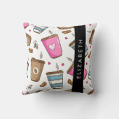 コーヒーカップ、コーヒー豆、ハート、あなたの名前 クッション (裏面)