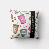 コーヒーカップ、コーヒー豆、ハート、あなたの名前 クッション (正面)