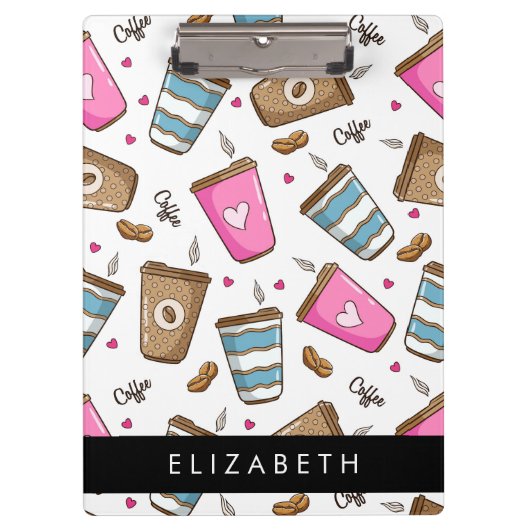コーヒーカップ、コーヒー豆、ハート、あなたの名前 クリップボード (正面)