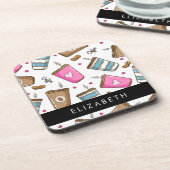 コーヒーカップ、コーヒー豆、ハート、あなたの名前 コースター (左側)