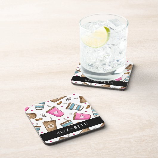 コーヒーカップ、コーヒー豆、ハート、あなたの名前 コースター (右側)