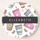 コーヒーカップ、コーヒー豆、ハート、あなたの名前 コースター (正面)