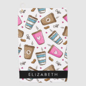 コーヒーカップ、コーヒー豆、ハート、あなたの名前 ゴルフタオル (正面)