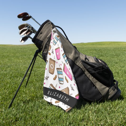 コーヒーカップ、コーヒー豆、ハート、あなたの名前 ゴルフタオル (グリーン)