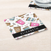 コーヒーカップ、コーヒー豆、ハート、あなたの名前 スクエアペーパーコースター (アングル)