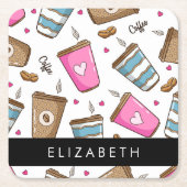 コーヒーカップ、コーヒー豆、ハート、あなたの名前 スクエアペーパーコースター (正面)