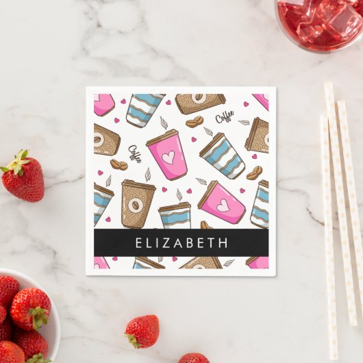 コーヒーカップ、コーヒー豆、ハート、あなたの名前 スタンダードカクテルナプキン (インサイチュ)
