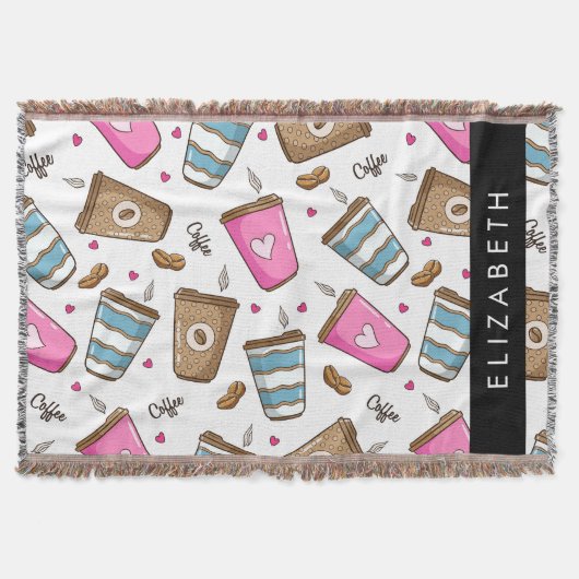 コーヒーカップ、コーヒー豆、ハート、あなたの名前 スローブランケット (正面)